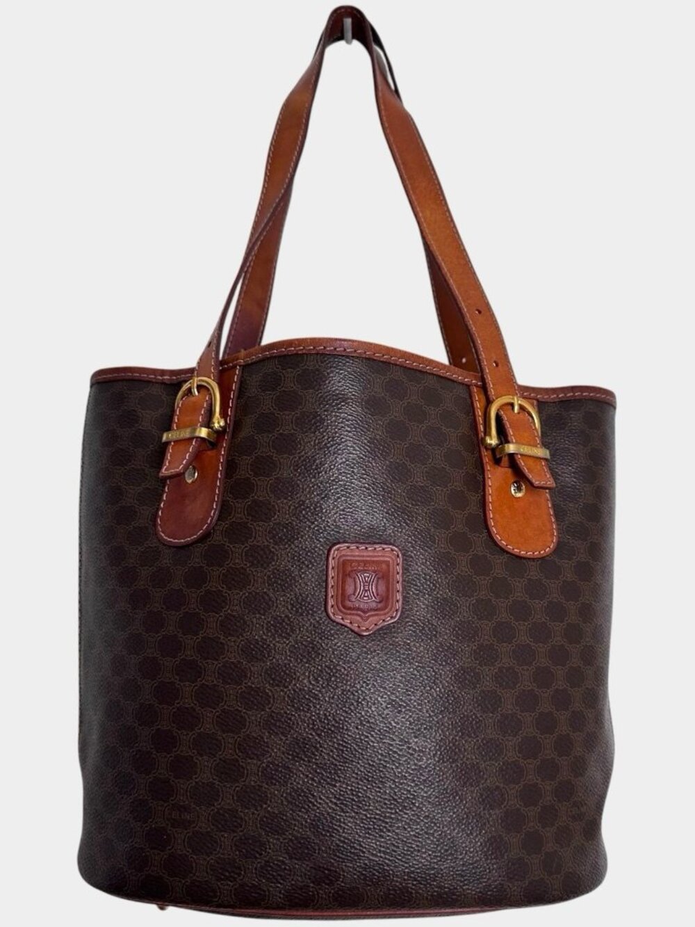 Auth CELINE Macadam Canvas Tote/Bucket Bag PVC/Leather Brown Gold M95 Logo Vintg - Picture 1 of 15